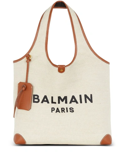 Shop Balmain B-army Canvas And Leather Trims Tote Bag In Beige