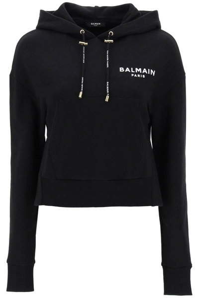 Shop Balmain Cropped Sweatshirt With Flocked Logo Print In Black