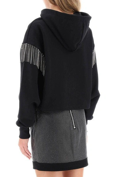 Shop Balmain Cropped Hoodie With Rhinestone-studded Logo And Crystal Cupchains In Black