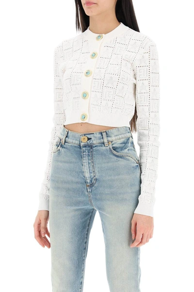 Shop Balmain Cropped Cardigan With Jewel Buttons In White