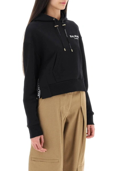 Shop Balmain Cropped Sweatshirt With Flocked Logo Print In Black