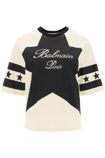 Shop Balmain Cropped T-shirt With Star And Logo Prints In Multicolor