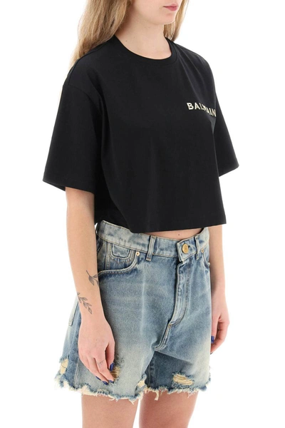 Shop Balmain Cropped T-shirt With Metallic Logo In Black