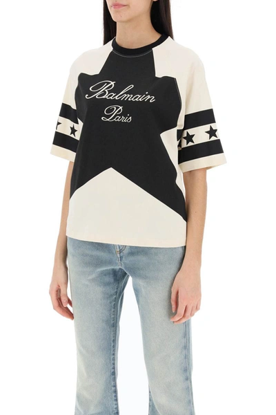 Shop Balmain Cropped T-shirt With Star And Logo Prints In Multicolor