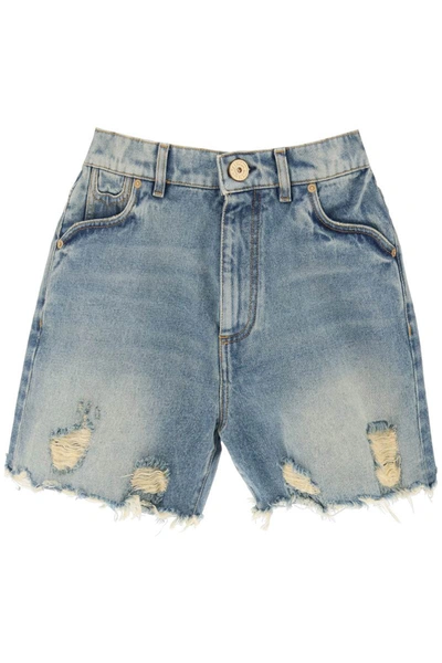 Shop Balmain Distressed Denim Shorts In Blue
