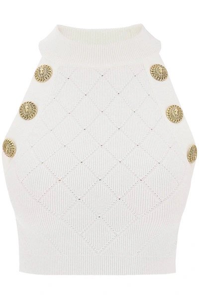 Shop Balmain Knitted Cropped Top With Embossed Buttons In White
