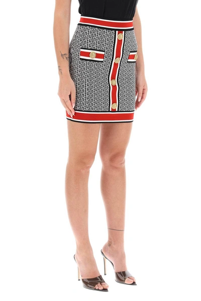 Shop Balmain Mini Skirt In Monogram Knit In Multicolor