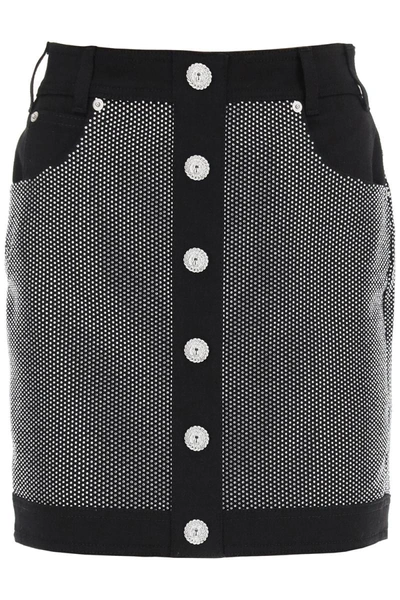 Shop Balmain Rhinestone-studded Denim Mini Skirt In Black