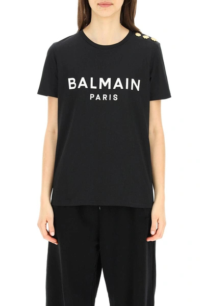 Shop Balmain T-shirt With Logo Print And Embossed Buttons In Black