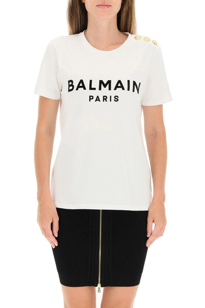 Shop Balmain T-shirt With Logo Print And Embossed Buttons In White