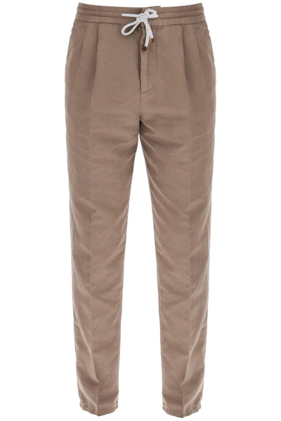 Shop Brunello Cucinelli Linen And Cotton Pants In Brown