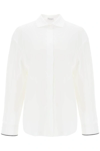 Shop Brunello Cucinelli Wide Sleeve Shirt With Shiny Cuff Details In White