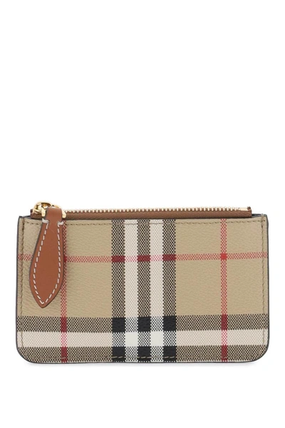 Shop Burberry Check Coin Purse With Chain Strap In Beige
