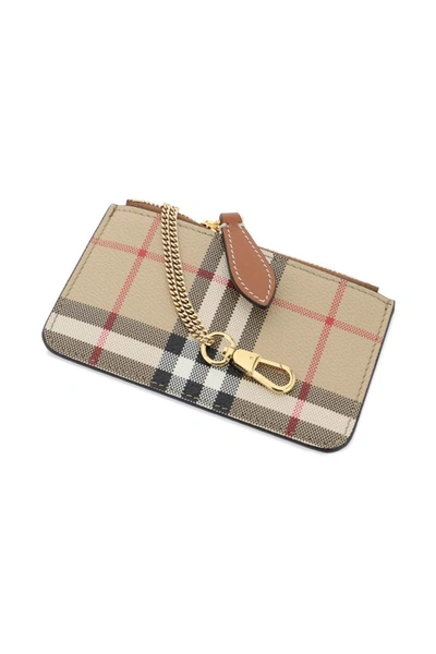 Shop Burberry Check Coin Purse With Chain Strap In Beige