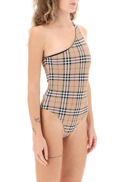 Shop Burberry Check One-shoulder One-piece Swimsuit In Multicolor