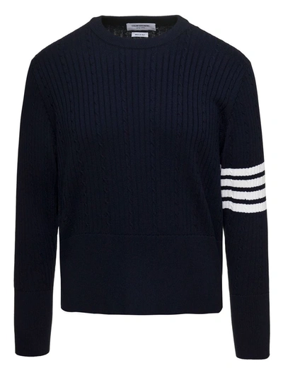 Shop Thom Browne Cable-knit Jumper With Signature 4 Bar Detailing In Blue Cotton Man