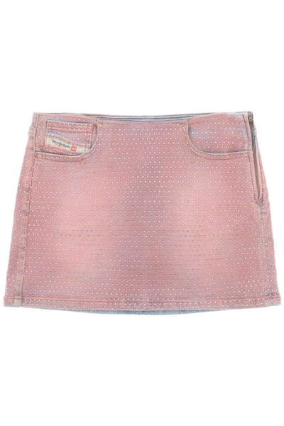 Shop Diesel De-pra-mini-fsd1 Denim Mini Skirt With Rhinestones In Pink