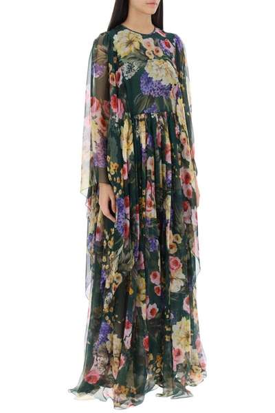 Shop Dolce & Gabbana Chiffon Maxi Dress With Garden Print In Green