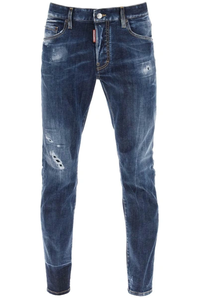 Shop Dsquared2 Dark Scar Wash Skater Jeans In Blue