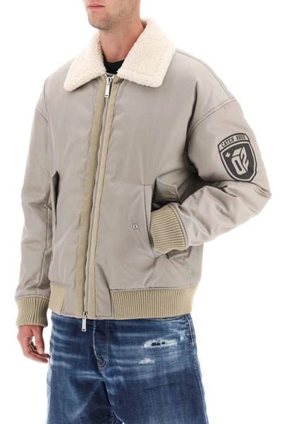 Shop Dsquared2 Padded Bomber Jacket With Collar In Lamb Fur In Grey