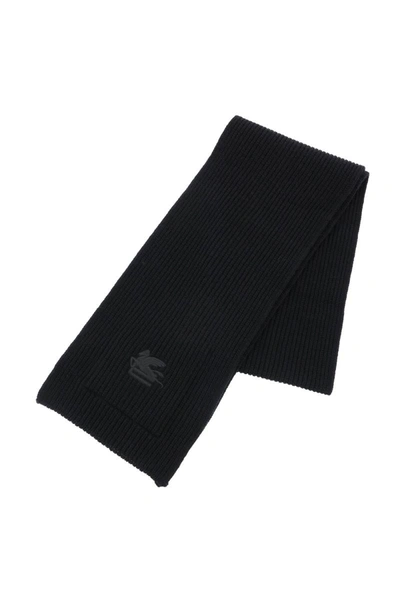 Shop Etro Ribbed Wool Scarf In Black