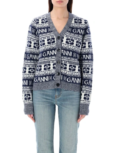 Shop Ganni Allover Logo Cardigan In Sky Caapitan Grey