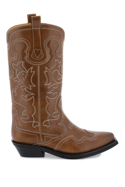 Shop Ganni Embroidered Western Boots In Brown