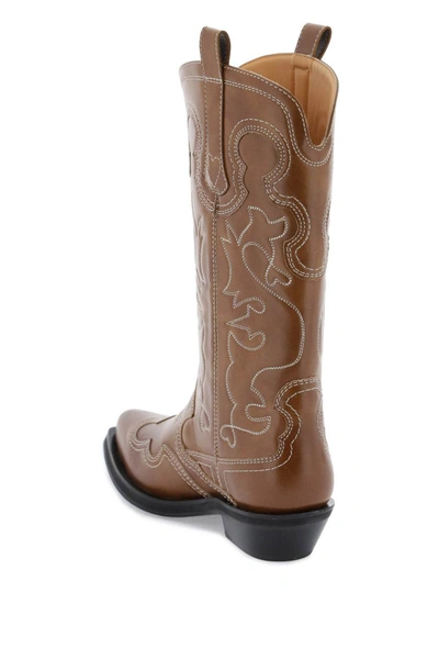 Shop Ganni Embroidered Western Boots In Brown