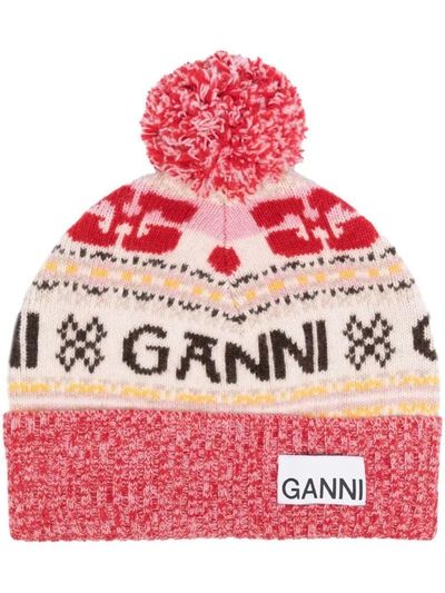 Shop Ganni Graphic Wool Beanie Accessories In Multicolour