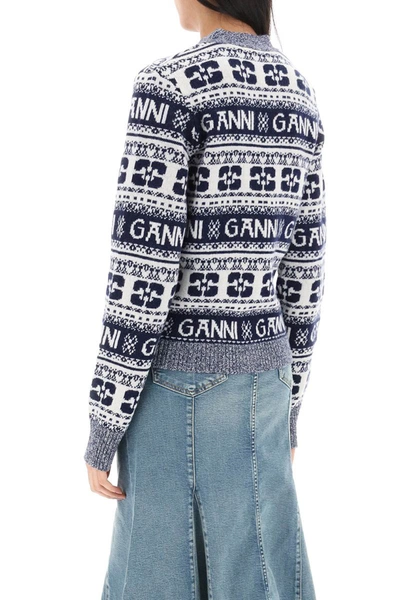 Shop Ganni Jacquard Wool Cardigan With Logo Pattern In Multicolor