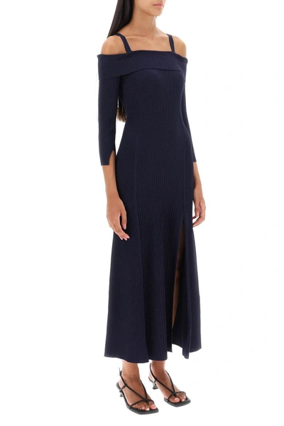 Shop Ganni Long Knitted Off-the-shoulder Dress In Blue