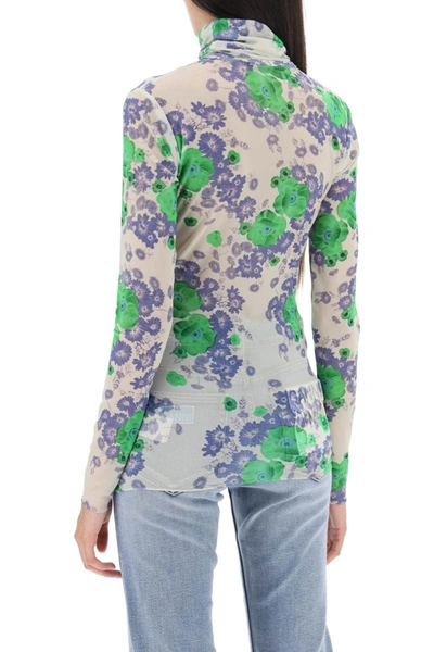 Shop Ganni Long-sleeved Top In Mesh With Floral Pattern In Multicolor