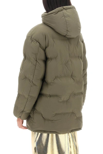 Shop Ganni Midi Puffer Jacket With Detachable Hood In Green