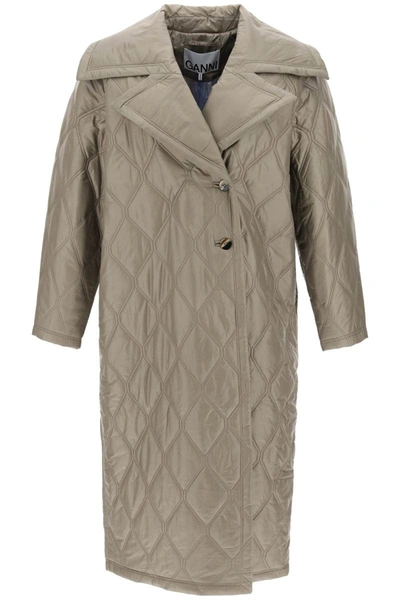 Shop Ganni Quilted Oversized Coat In Brown