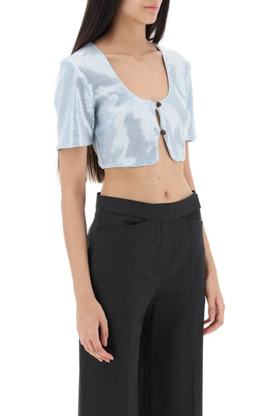 Shop Ganni Sequin Cropped Top In Blue