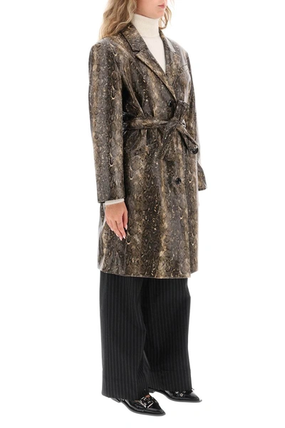 Shop Ganni Snake-effect Faux Leather Trench Coat In Brown