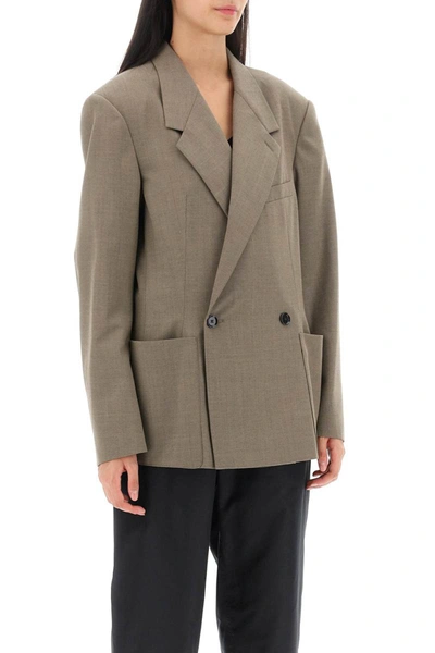 Shop Lemaire Double-breasted Blazer In Tropical Poly Wool In Brown