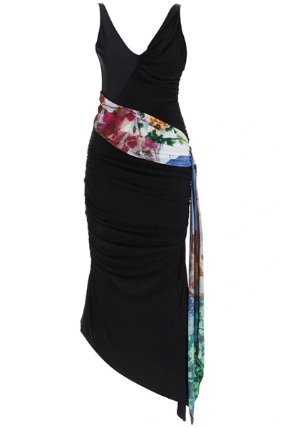Shop Marine Serre Dress In Draped Jersey With Contrasting Sash In Black