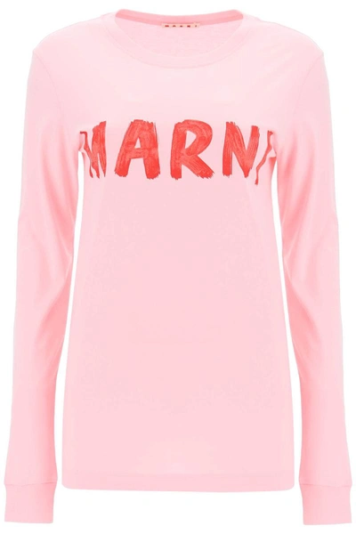 Shop Marni Brushed Logo Long-sleeved T-shirt In Pink