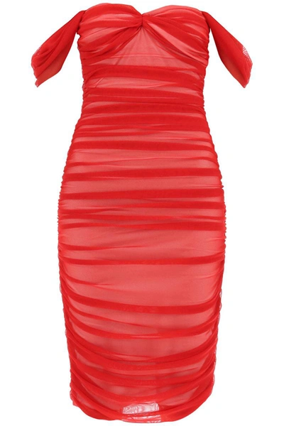 Shop Norma Kamali Walter Draped Mesh Dress In Red