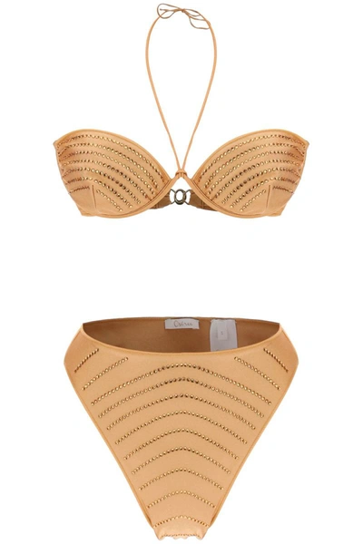 Shop Oseree Oséree Bikini Set With Rhinestones In Beige