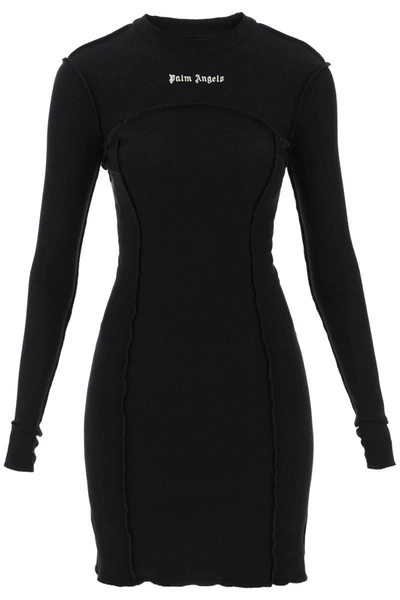 Shop Palm Angels Long-sleeved Mini Dress In Ribbed Jersey In Black