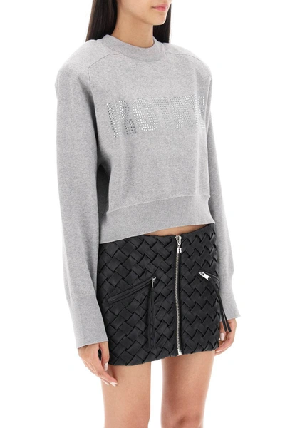 Shop Rotate Birger Christensen Rotate Cropped Sweater With Rhinestone-studded Logo In Grey