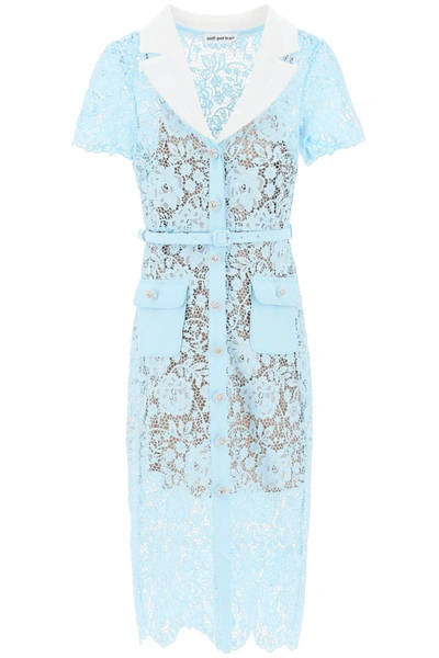 Shop Self-portrait Self Portrait Midi Dress In Floral Lace With Contrasting Lapel And Jewel Buttons In Blue