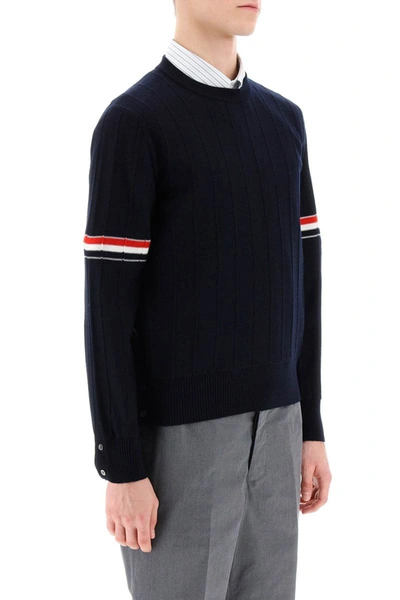 Shop Thom Browne Crew-neck Sweater With Tricolor Intarsia In Blue