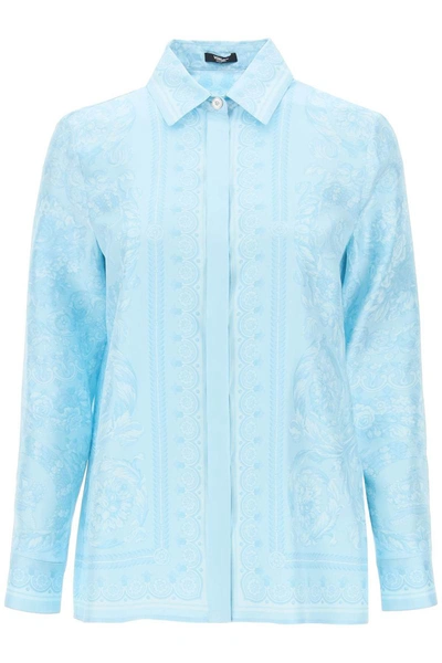 Shop Versace Barocco Shirt In Crepe De Chine In Blue