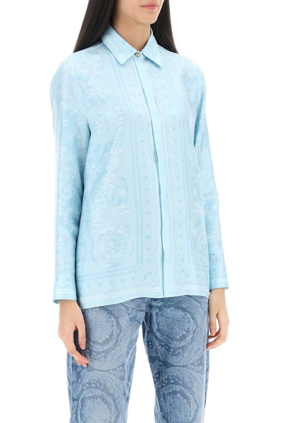 Shop Versace Barocco Shirt In Crepe De Chine In Blue
