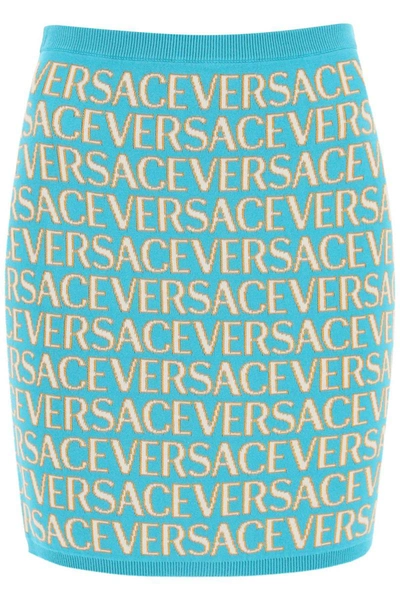 Shop Versace Monogram Knit Mini Skirt In Blue