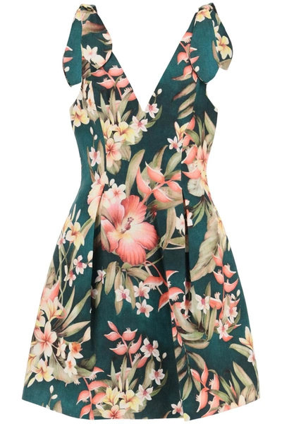 Shop Zimmermann Lexi Tie Mini Floral Dress In Green