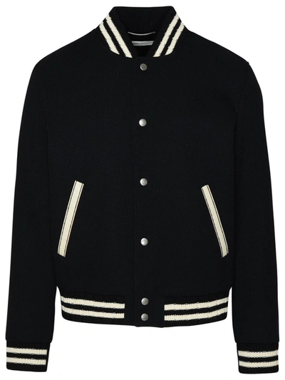 Shop Saint Laurent Black Wool Bomber Jacket